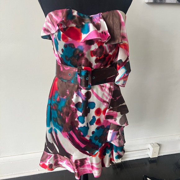 Express Silk Strapless Ruffle Mini Dress with Belt - Picture 2 of 10